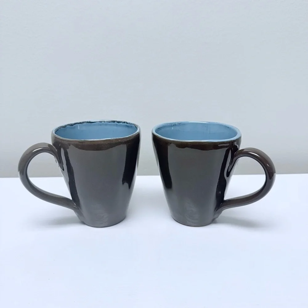 Pier 1 Imports Set of 2 Vintage Stoneware Coffee Cup Mugs, Italy, Brown & Blue